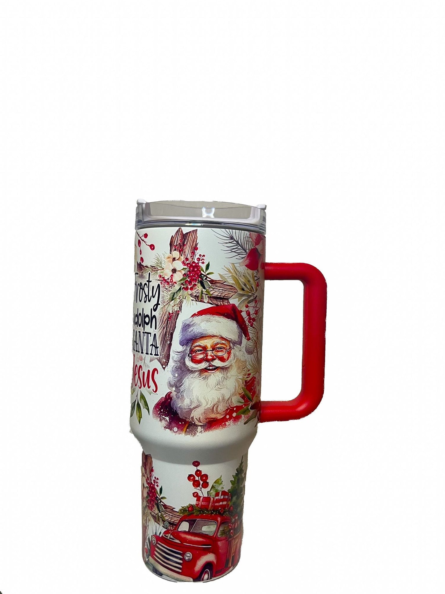 40oz Christmas Themed Stainless Double Walled Steel Insulated Tumbler Mug with Handle and Straw! (Travel Mugs for Beer, Wine, Water, Tea and Coffee, Car Cup Holder Friendly, Santa Claus)