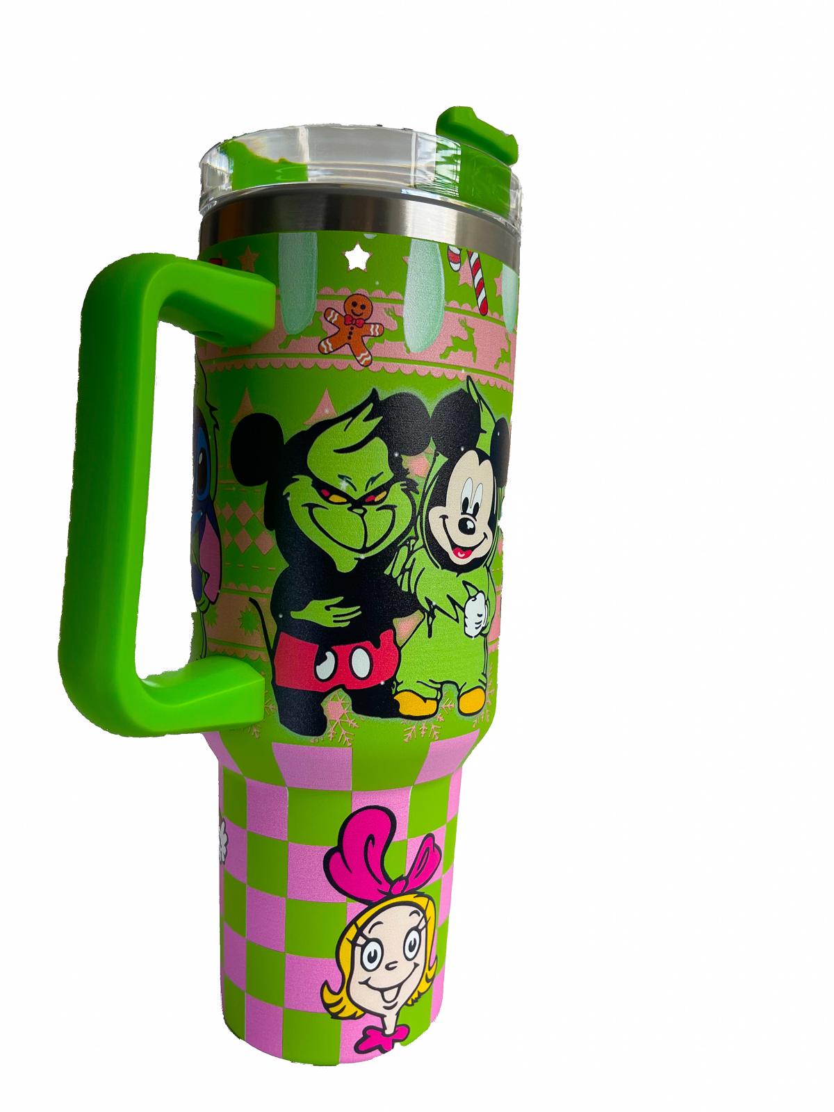 40oz Christmas Cartoon Character Stainless Steel Insulated Tumbler With Handle And Straw!