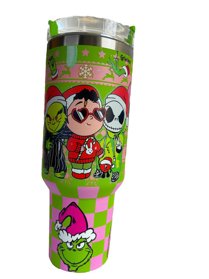 40oz Christmas Cartoon Character Stainless Steel Insulated Tumbler With Handle And Straw!