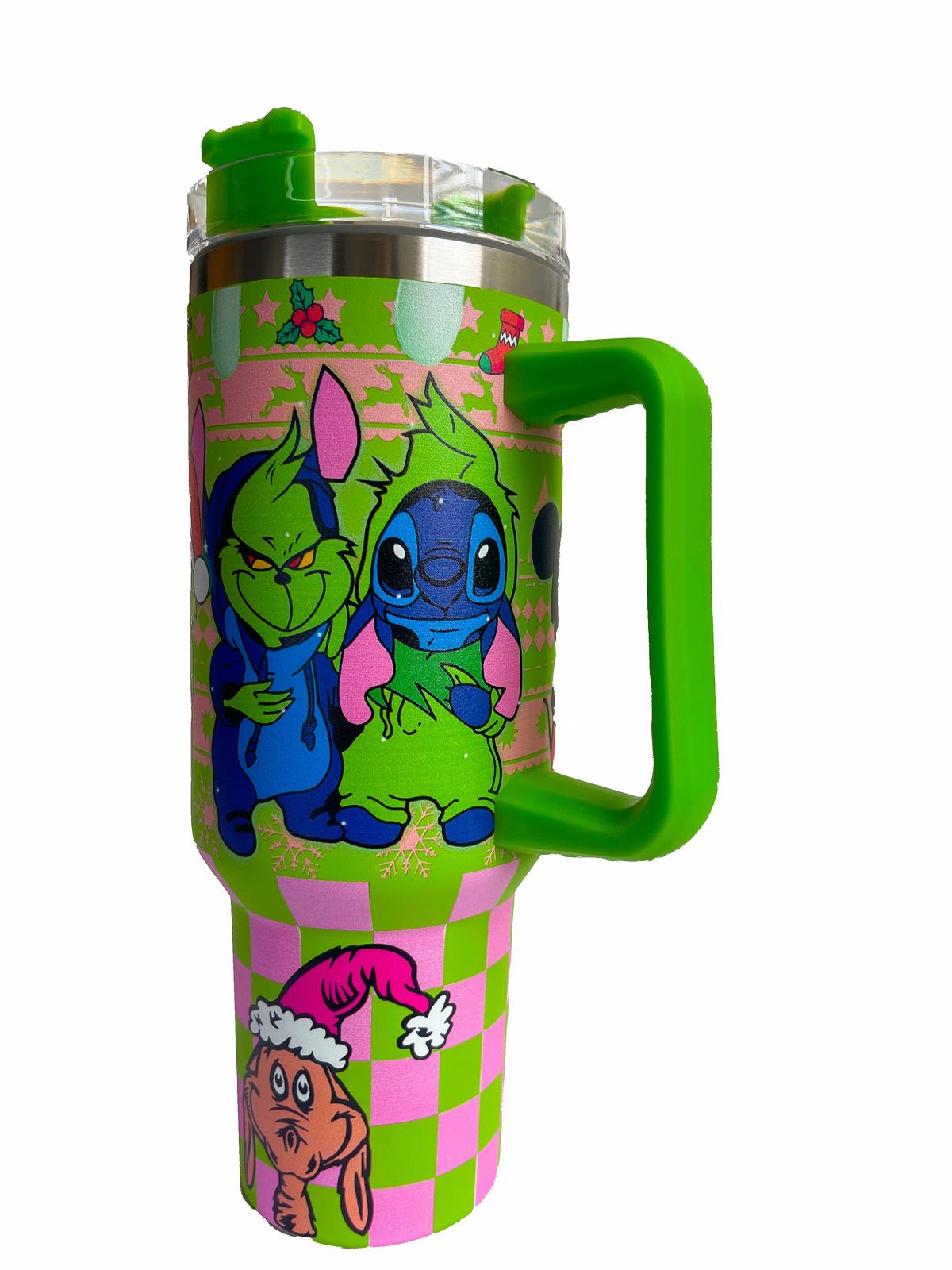 40oz Christmas Cartoon Character Stainless Steel Insulated Tumbler With Handle And Straw!