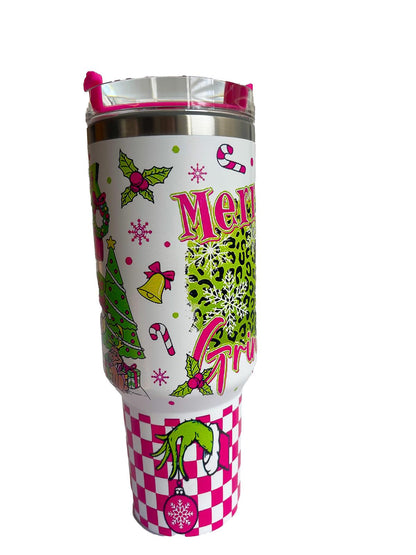 40oz Christmas Cartoon Character Stainless Steel Insulated Tumbler With Handle And Straw!