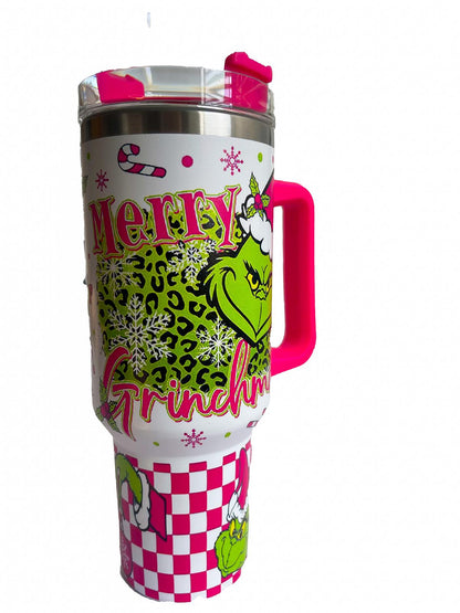 40oz Christmas Cartoon Character Stainless Steel Insulated Tumbler With Handle And Straw!