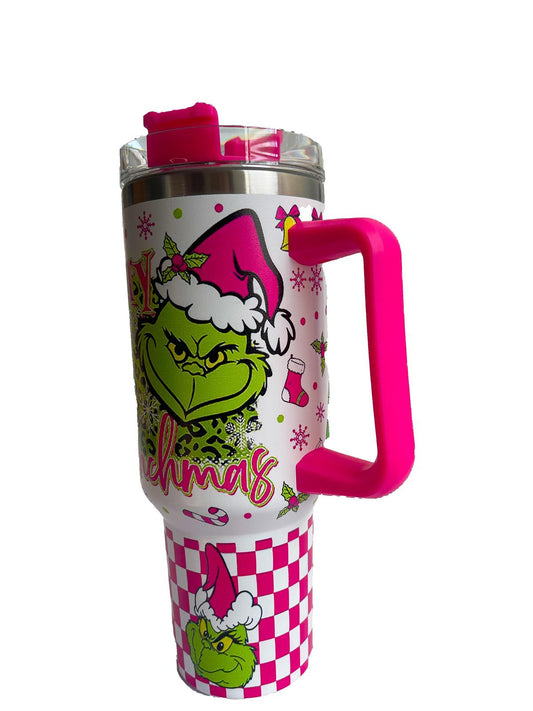 40oz Christmas Cartoon Character Stainless Steel Insulated Tumbler With Handle And Straw!