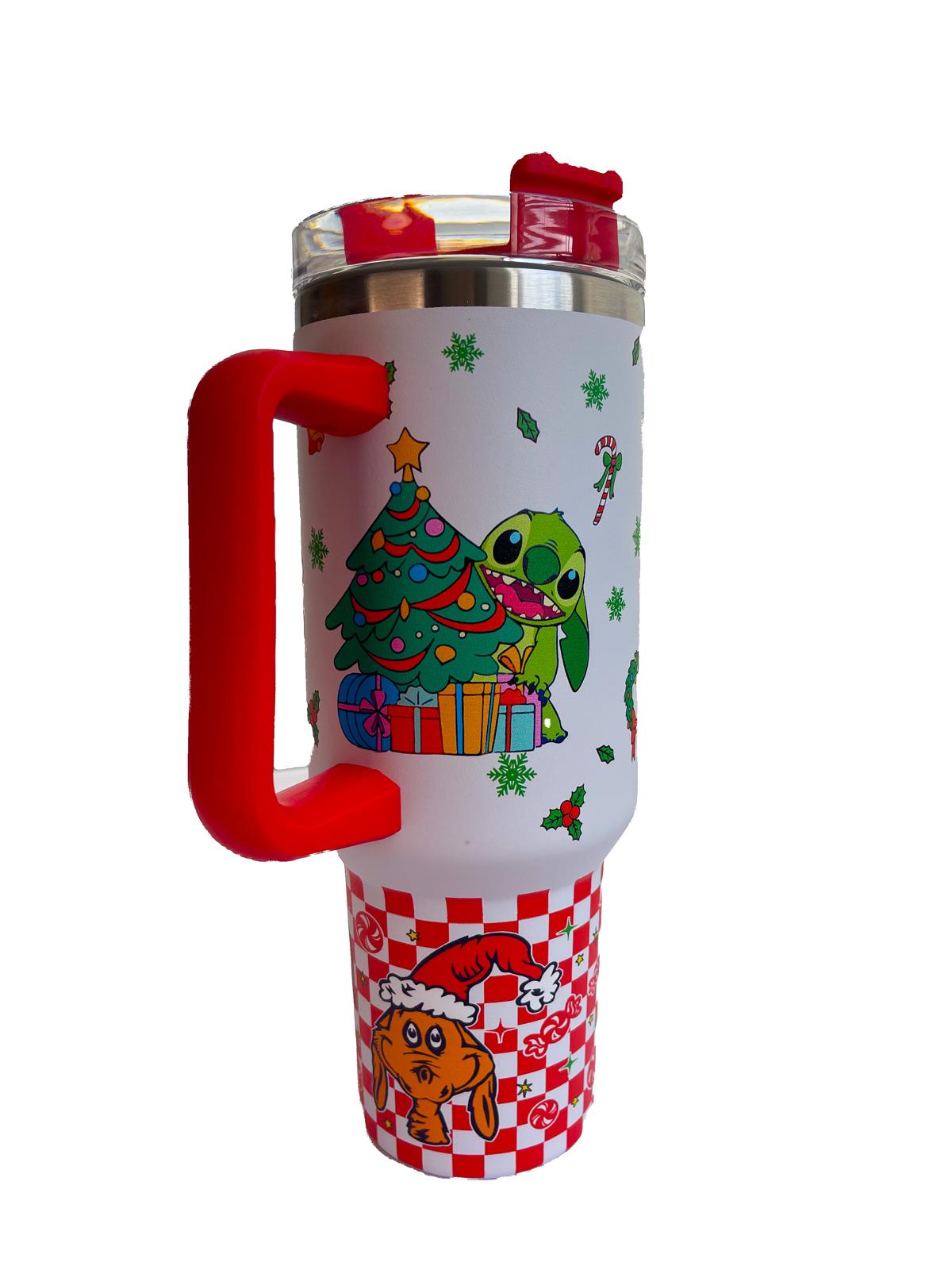 40oz Christmas Cartoon Character Stainless Steel Insulated Tumbler With Handle And Straw!