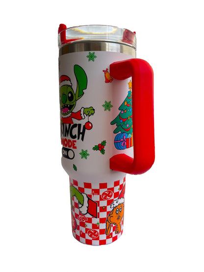 40oz Christmas Cartoon Character Stainless Steel Insulated Tumbler With Handle And Straw!