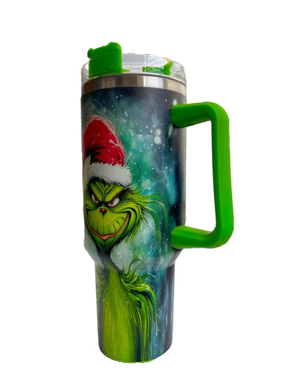 40oz Christmas Cartoon Character Stainless Steel Insulated Tumbler With Handle And Straw!