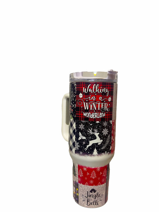 40oz Christmas Themed Stainless Steel Insulated Tumbler Mug with Handle and Straw! (Travel Mugs for Coffee, Tea, Beer Water, Christmas Tree, Snowflake and Reindeer, Car Cup Holder Friendly)