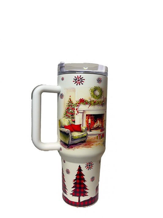 40oz Christmas Themed Stainless Double Walled Steel Insulated Tumbler Mug with Handle and Straw! (Travel Mugs for Beer, Wine, Water, Tea and Coffee, Car Cup Holder Friendly)