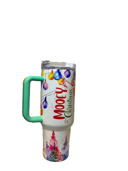 40oz Christmas Themed Stainless Double Walled Steel Insulated Tumbler Mug with Handle and Straw! (Travel Mugs for Beer, Wine, Water, Tea and Coffee, Car Cup Holder Friendly, Santa Claus)