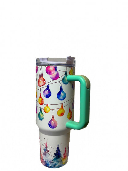 40oz Christmas Themed Stainless Double Walled Steel Insulated Tumbler Mug with Handle and Straw! (Travel Mugs for Beer, Wine, Water, Tea and Coffee, Car Cup Holder Friendly, Santa Claus)