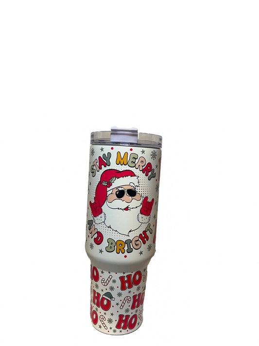 40oz Christmas Themed Stainless Double Walled Steel Insulated Tumbler Mug with Handle and Straw! (Travel Mugs for Beer, Wine, Water, Tea and Coffee, Car Cup Holder Friendly, Santa Claus)