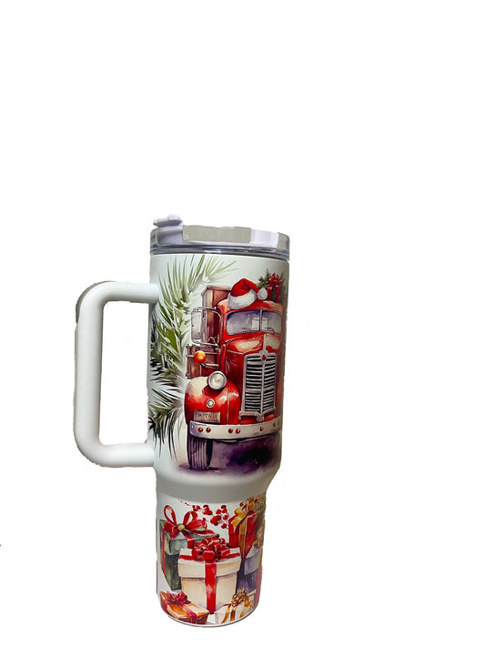 40oz Christmas Themed Stainless Double Walled Steel Insulated Tumbler Mug with Handle and Straw! (Travel Mugs for Beer, Wine, Water, Tea and Coffee, Car Cup Holder Friendly, Santa Claus)